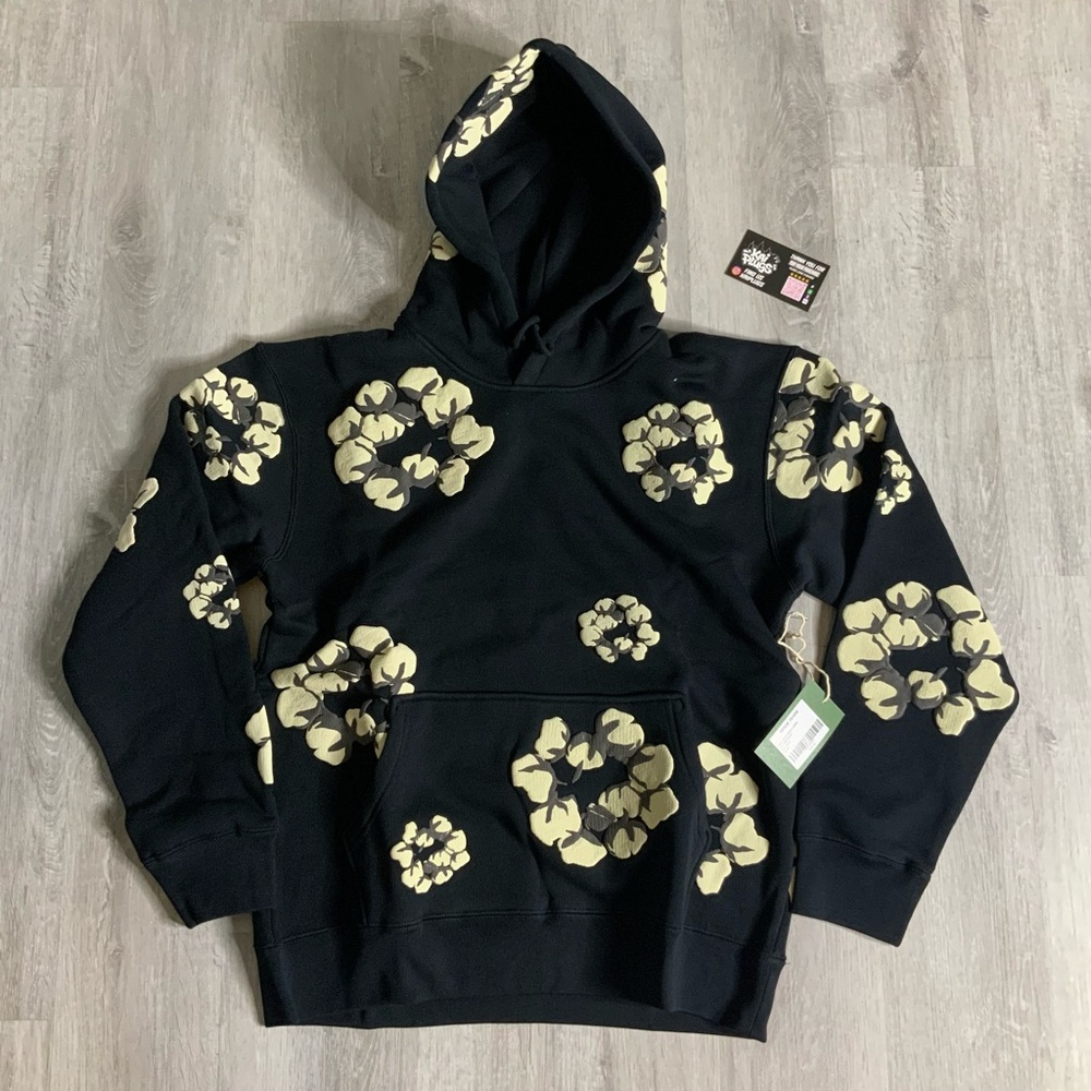 Black Hoodie with Cream Floral Clusters